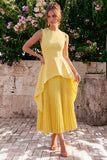 Yellow A Line Pleated Jewel Neck Midi Wedding Guest Dress