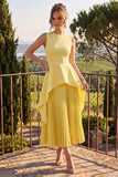 Yellow A Line Pleated Jewel Neck Midi Wedding Guest Dress