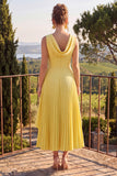Yellow A Line Pleated Jewel Neck Midi Wedding Guest Dress