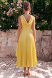 Yellow A Line Pleated Jewel Neck Midi Wedding Guest Dress