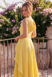 Yellow A Line Pleated Jewel Neck Midi Wedding Guest Dress
