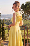 Yellow A Line Pleated Jewel Neck Midi Wedding Guest Dress