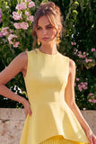 Yellow A Line Pleated Jewel Neck Midi Wedding Guest Dress