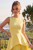 Yellow A Line Pleated Jewel Neck Midi Wedding Guest Dress