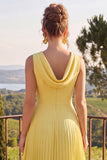 Yellow A Line Pleated Jewel Neck Midi Wedding Guest Dress
