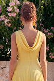 Yellow A Line Pleated Jewel Neck Midi Wedding Guest Dress