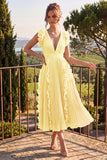 Dusty Rose V Neck A Line Ruffle Pleated Midi Wedding Guest Dress