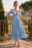 Dusty Rose V Neck A Line Ruffle Pleated Midi Wedding Guest Dress