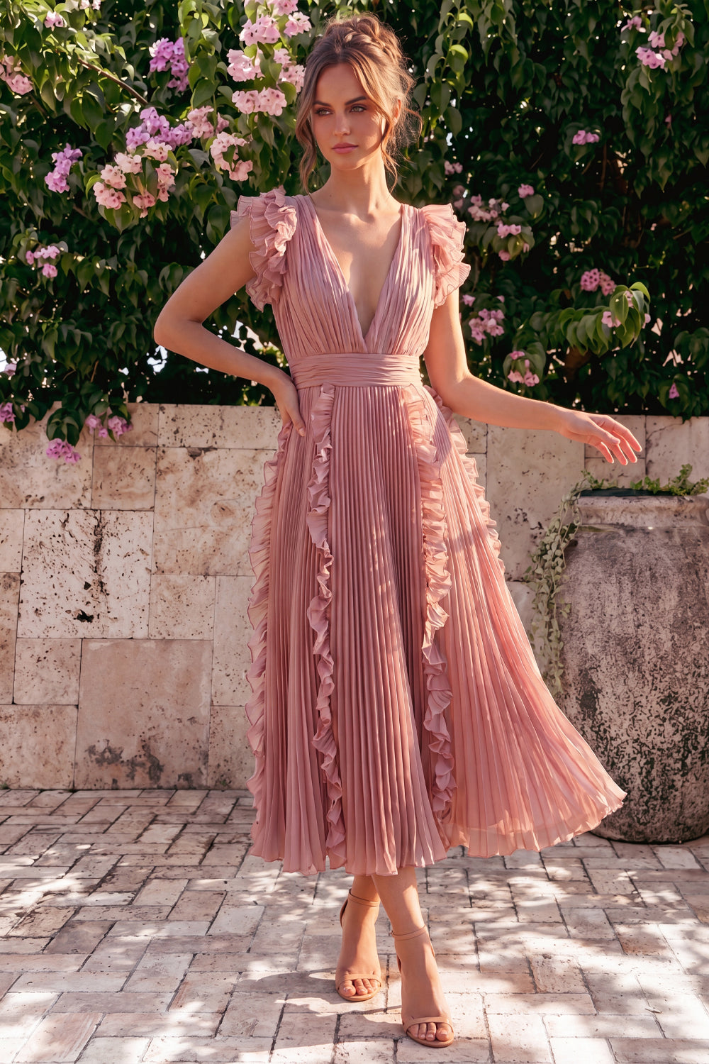 Wedtrend Women Dusty Rose Wedding Guest Dress Ruffle V Neck A Line Pleated Midi Party Dress, Dusty Rose / US2