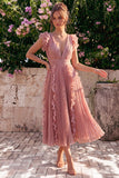 Dusty Rose V Neck A Line Ruffle Pleated Midi Wedding Guest Dress
