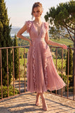 Dusty Rose V Neck A Line Ruffle Pleated Midi Wedding Guest Dress