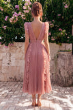 Dusty Rose V Neck A Line Ruffle Pleated Midi Wedding Guest Dress
