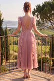 Dusty Rose V Neck A Line Ruffle Pleated Midi Wedding Guest Dress