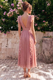 Dusty Rose V Neck A Line Ruffle Pleated Midi Wedding Guest Dress