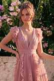 Dusty Rose V Neck A Line Ruffle Pleated Midi Wedding Guest Dress