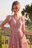 Dusty Rose V Neck A Line Ruffle Pleated Midi Wedding Guest Dress