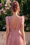 Dusty Rose V Neck A Line Ruffle Pleated Midi Wedding Guest Dress