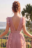 Dusty Rose V Neck A Line Ruffle Pleated Midi Wedding Guest Dress