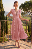 Dusty Rose V Neck A Line Ruffle Pleated Midi Wedding Guest Dress