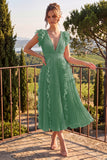 Dusty Rose V Neck A Line Ruffle Pleated Midi Wedding Guest Dress