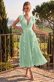 Dusty Rose V Neck A Line Ruffle Pleated Midi Wedding Guest Dress