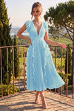 Dusty Rose V Neck A Line Ruffle Pleated Midi Wedding Guest Dress