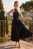 Black Halter Pleated A Line Wedding Guest Dress with Slit
