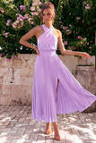 Black Halter Pleated A Line Wedding Guest Dress with Slit
