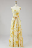 Yellow A Line Floral Bridesmaid Dress with Bow