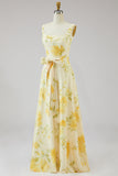 Yellow A Line Floral Bridesmaid Dress with Bow