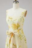 Yellow A Line Floral Bridesmaid Dress with Bow