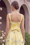 Yellow A Line Floral Bridesmaid Dress with Bow