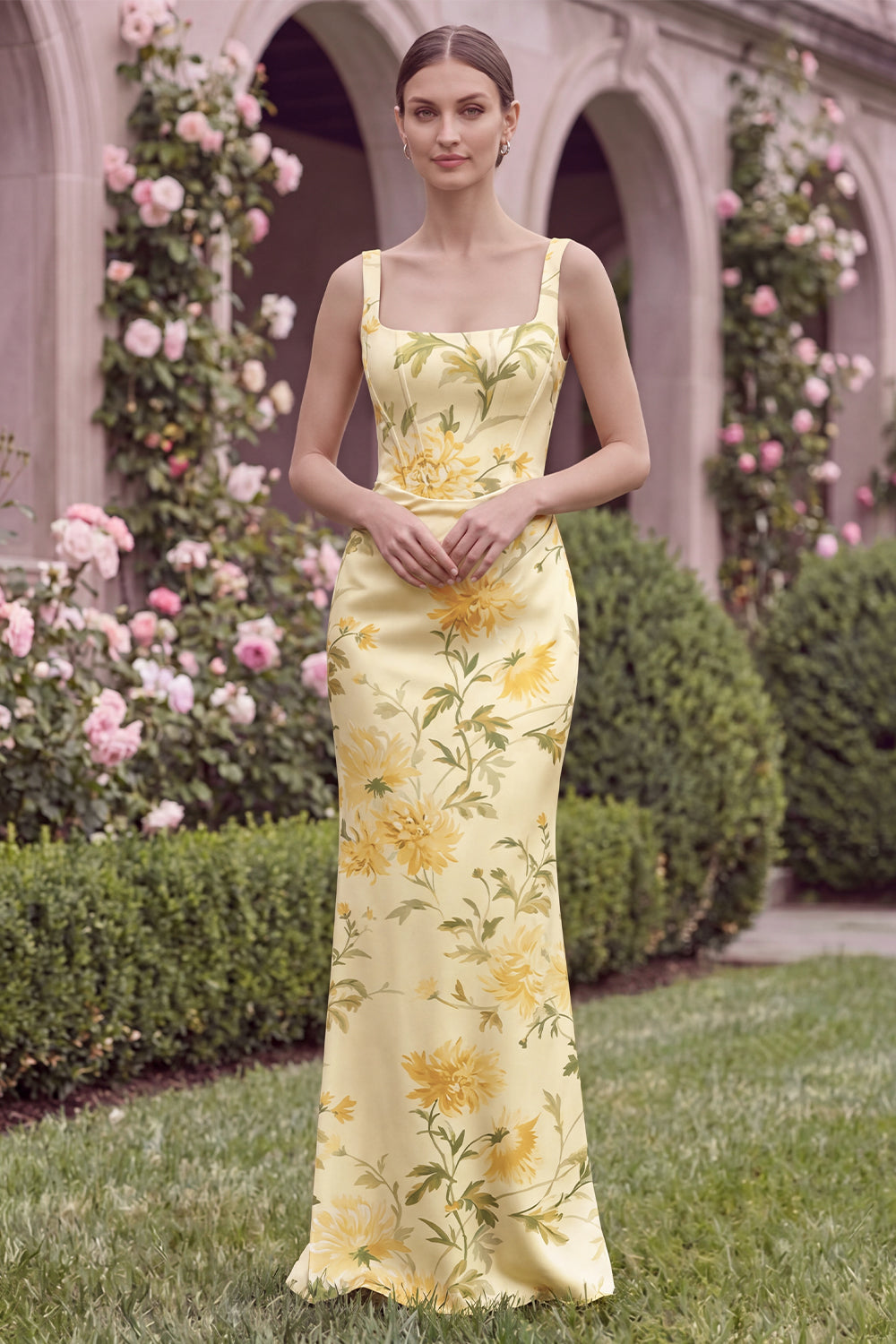 WEDTREND Women Yellow Floral Bridesmaid Dress Corset Square Neck Sheath Wedding Guest Dress with Slit, Yellow Flower / US10