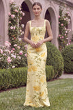 Floral Mermaid Square Neck Corset Yellow Bridesmaid Dress with Slit