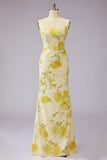 Floral Mermaid Square Neck Corset Yellow Bridesmaid Dress with Slit