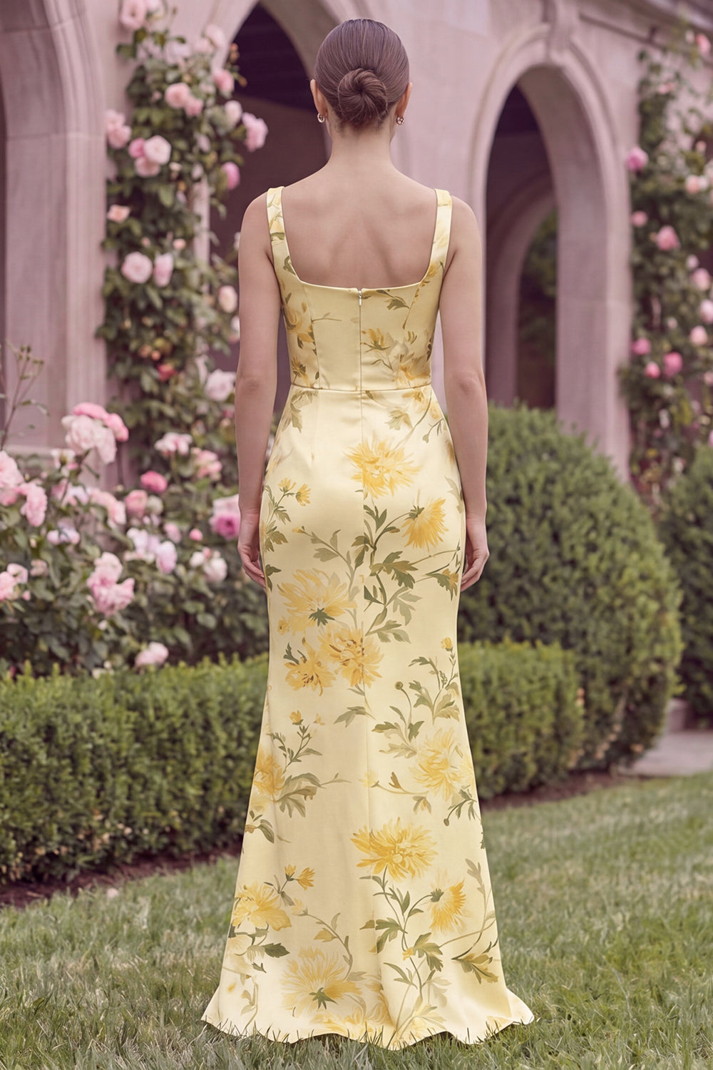 WEDTREND Women Yellow Floral Bridesmaid Dress Corset Square Neck Sheath Wedding Guest Dress with Slit, Yellow Flower / US10