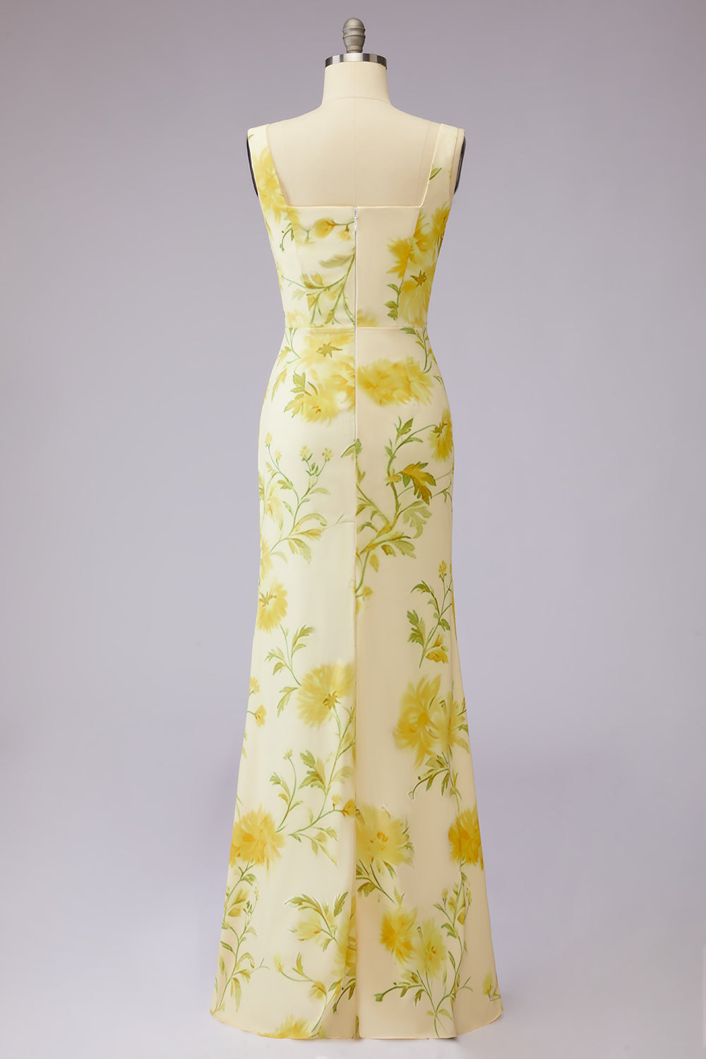 WEDTREND Women Yellow Floral Bridesmaid Dress Corset Square Neck Sheath Wedding Guest Dress with Slit, Yellow Flower / US10