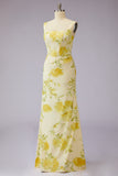 Floral Mermaid Square Neck Corset Yellow Bridesmaid Dress with Slit