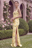Floral Mermaid Square Neck Corset Yellow Bridesmaid Dress with Slit