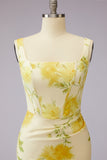 Floral Mermaid Square Neck Corset Yellow Bridesmaid Dress with Slit