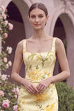 Floral Mermaid Square Neck Corset Yellow Bridesmaid Dress with Slit