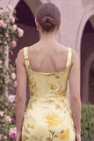 Floral Mermaid Square Neck Corset Yellow Bridesmaid Dress with Slit