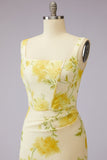 Floral Mermaid Square Neck Corset Yellow Bridesmaid Dress with Slit