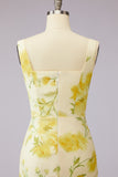 Floral Mermaid Square Neck Corset Yellow Bridesmaid Dress with Slit