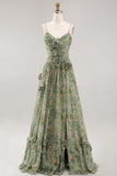Sage Flower Ruched A Line Bridesmaid Dress with Slit