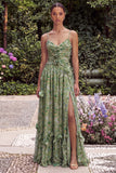 Sage Flower Ruched A Line Bridesmaid Dress with Slit