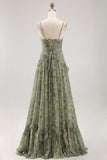 Sage Flower Ruched A Line Bridesmaid Dress with Slit
