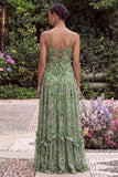 Sage Flower Ruched A Line Bridesmaid Dress with Slit