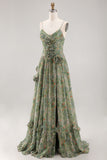 Sage Flower Ruched A Line Bridesmaid Dress with Slit