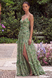 Sage Flower Ruched A Line Bridesmaid Dress with Slit